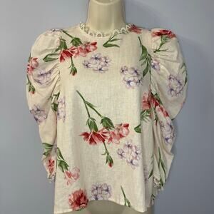 Laura Ashley Cream Floral Linen Blouse Women S Cottagecore Lace Trim Puff Sleeve